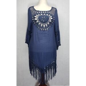 NWT Boho Crochet Fringe Beach Cover Up Dress Navy Blue Medium Coastal Resortwear